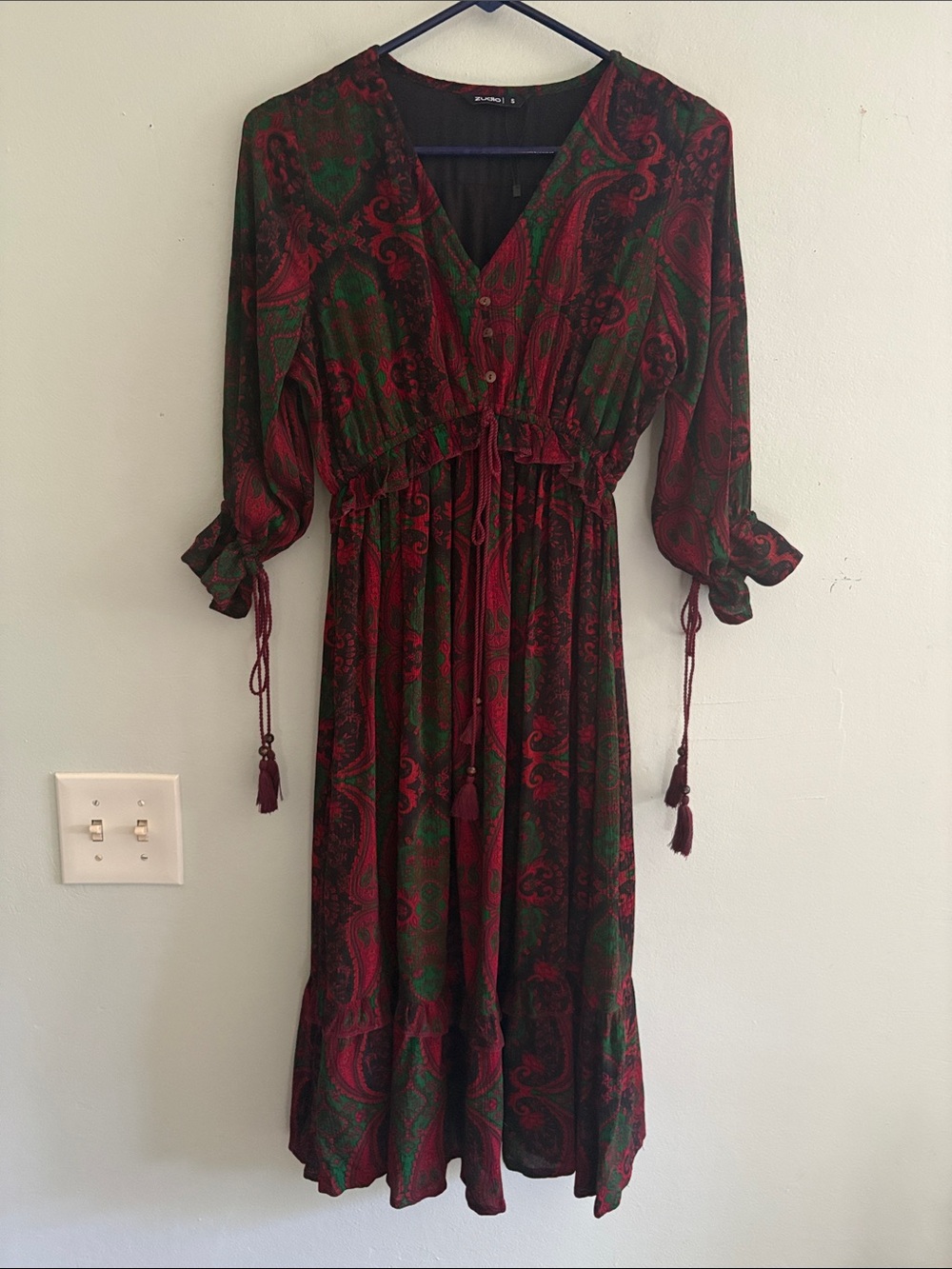 Bohemian Paisley V-Neck Maxi Dress in Burgundy and Green - Picture 1 of 8